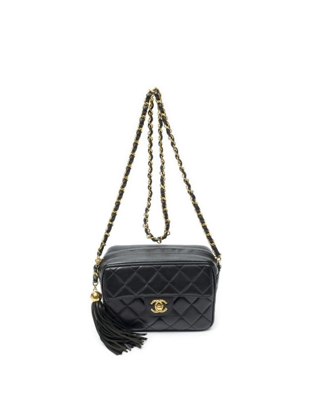 Chanel CC Mini Tassel Flap Bag Camera Crossbody Black Quilted Lambskin Leather